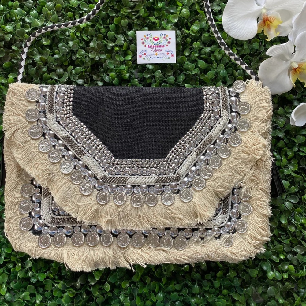 Lulu’s Boho Black & Silver Coin Fringe Clutch Crossbody Purse NWT
